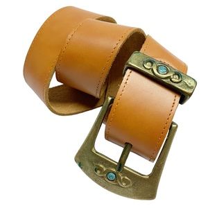 Vintage ornate brass buckle tan leather belt L